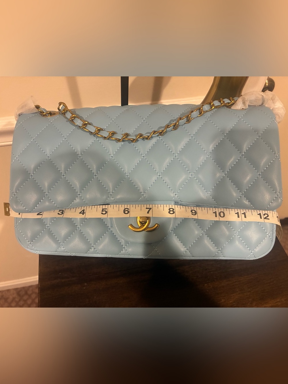 Light Blue Quilted Chain Shoulder Bag with Gold Hardware